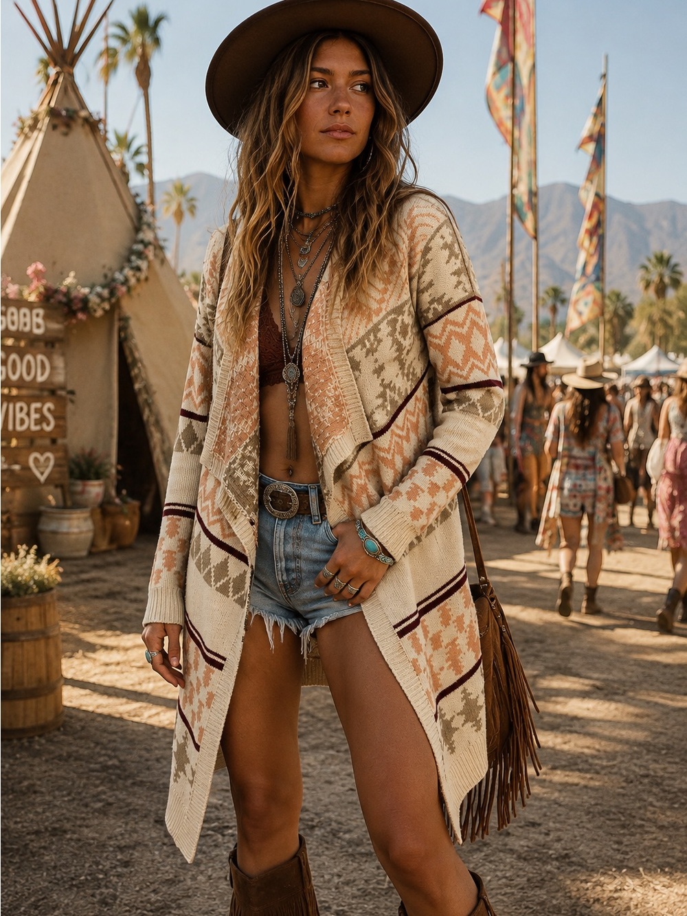Boho Southwestern 100% Cotton Longline Cardigan M/L Geometric Rust Taupe Cozy